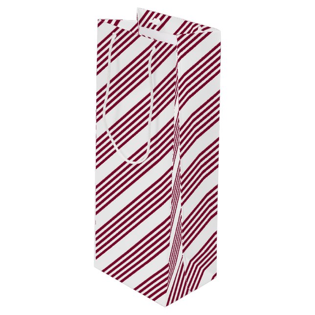 Burgundy red and white five stripe pattern wine gift bag (Front Angled)