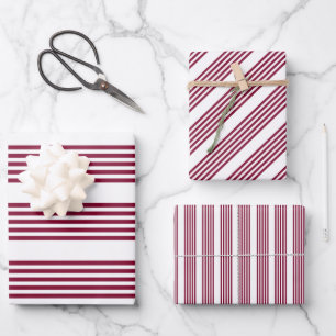 Burgundy red and white five stripe pattern wrapping paper sheet