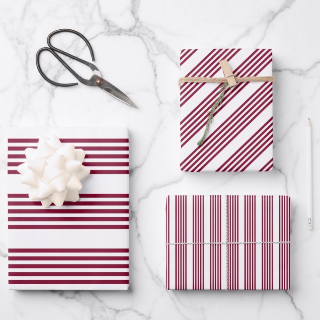 Burgundy red and white five stripe pattern wrapping paper sheet (Front)