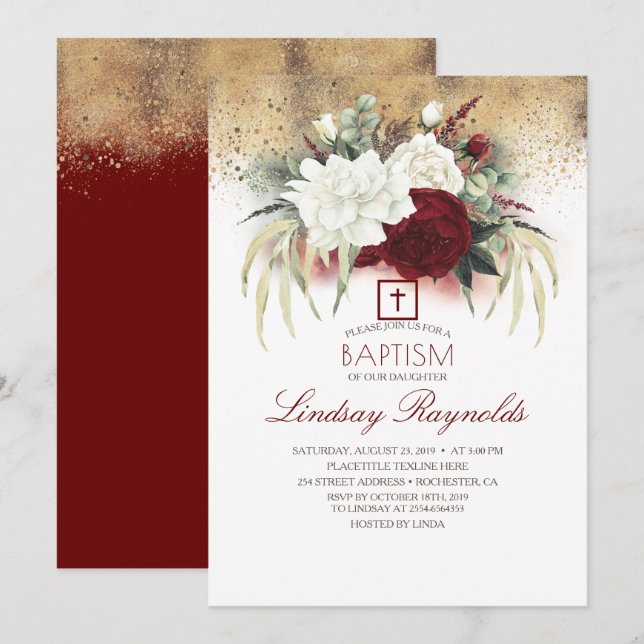 Burgundy Red and White Floral Elegant Baptism Invitation (Front/Back)
