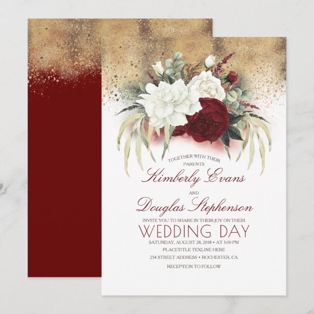 Burgundy Red and White Floral Elegant Wedding Invitation (Front/Back)