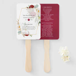 Burgundy Red and White Floral Geometric Wedding Hand Fan