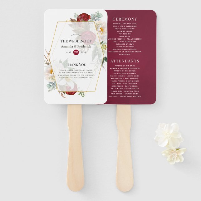 Burgundy Red and White Floral Geometric Wedding Hand Fan (Front and Back)