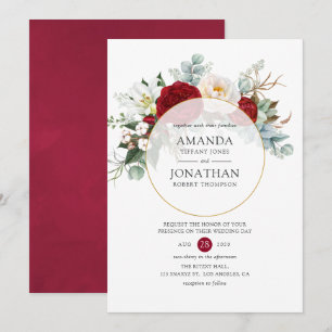 Burgundy Red and White Floral Geometric Wedding Invitation