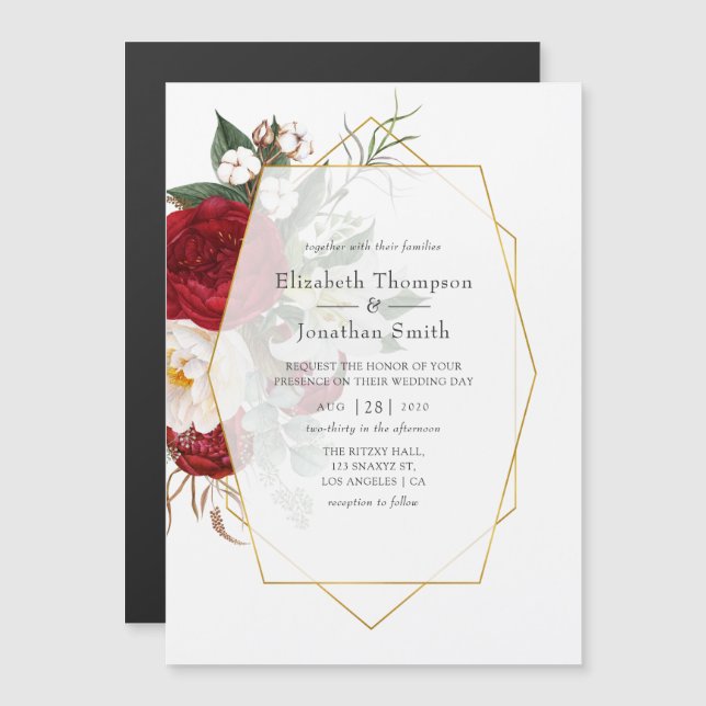 Burgundy Red and White Floral Geometric Wedding Magnetic Invitation (Front/Back)