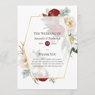 Burgundy Red and White Floral Geometric Wedding Programme