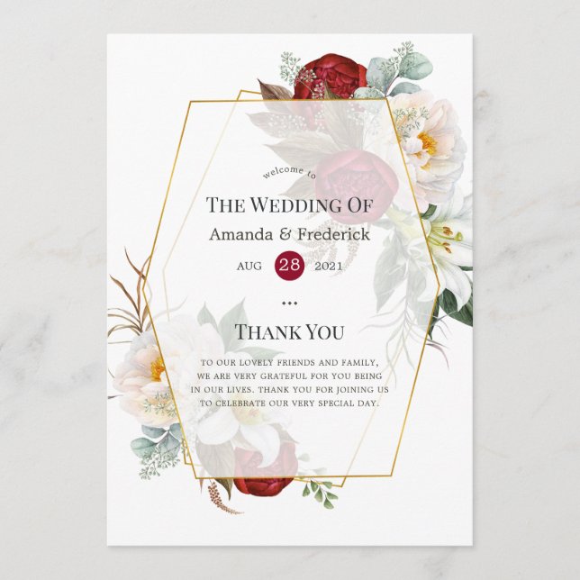 Burgundy Red and White Floral Geometric Wedding Programme (Front)