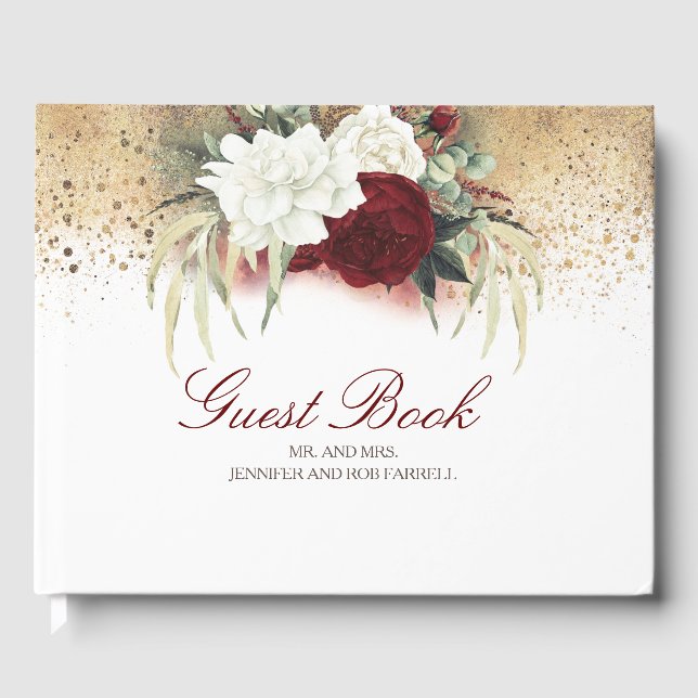 Burgundy Red and White Floral Wedding Guest Book (Front)
