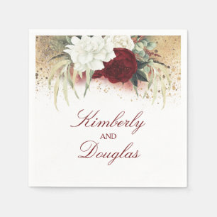 Burgundy Red and White Floral Wedding Napkin