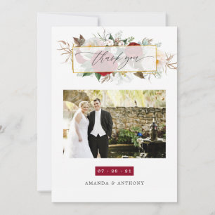 Burgundy Red and White Floral Wedding Photo Thank You Card