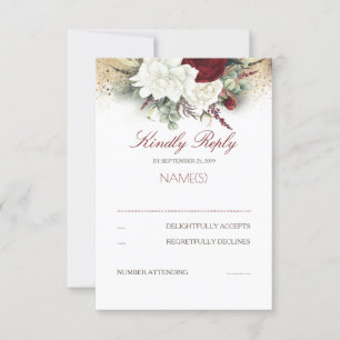 Burgundy Red and White Floral Wedding RSVP