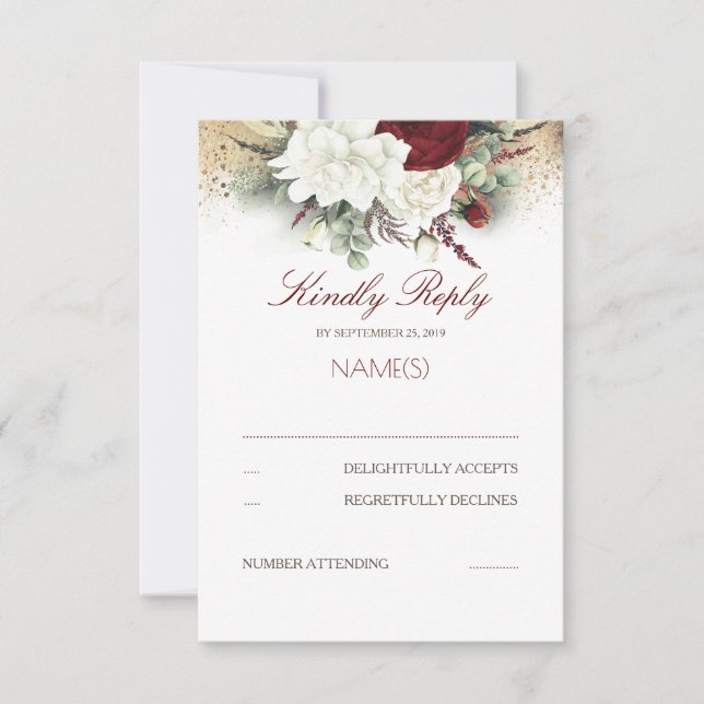 Burgundy Red and White Floral Wedding RSVP (Front)