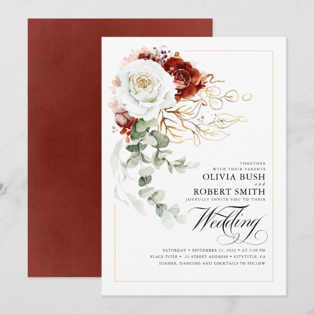 Burgundy Red and White Flowers Elegant Wedding Invitation (Front/Back)