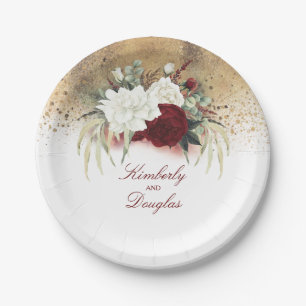 Burgundy Red and White Flowers Gold Wedding Paper Plate