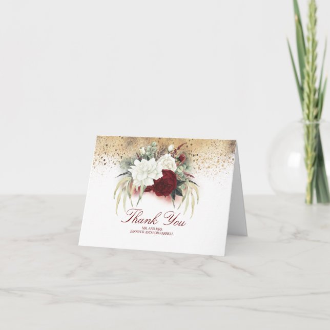 Burgundy Red and White Flowers Wedding Thank You (Front)