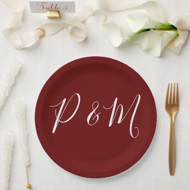 Burgundy Red and White Minimalist Wedding  Paper Plate (Wedding)