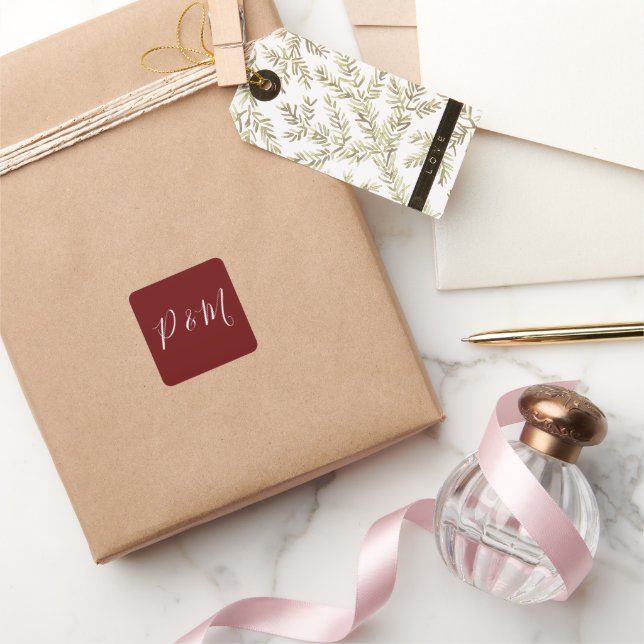 Burgundy Red and White Minimalist Wedding  Square Sticker (Gifting)
