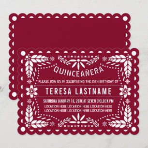 Burgundy red and white papel picado Quinceañera Invitation
