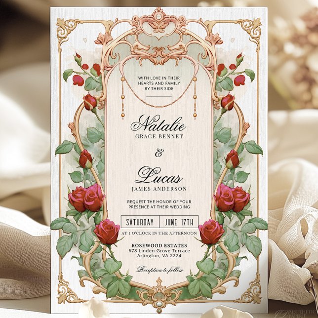 Burgundy Red Art Nouveau Floral Wedding Invitation (Creator Uploaded)
