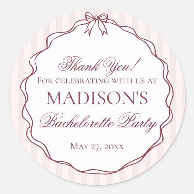 Burgundy Red Bachelorette Party Circle Favour Classic Round Sticker (Front)
