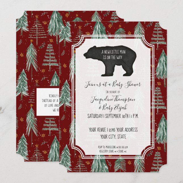 Burgundy Red Bear Woodland Forest Baby Boy Shower Invitation (Front/Back)