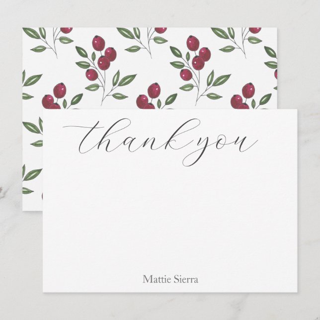 Burgundy Red Berries Pattern Thank You Card (Front/Back)