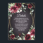 Burgundy Red Black and Gold Floral Elegant Wedding Enclosure Card<br><div class="desc">Design features a black chalkboard printed texture for the background with a printed gold coloured geometric frame that’s covered in unique elegant greenery that consists of eucalyptus and other leaves/branch elements. Design also features burgundy red rose and peony flowers and other blush pink floral elements for added unique décor.</div>