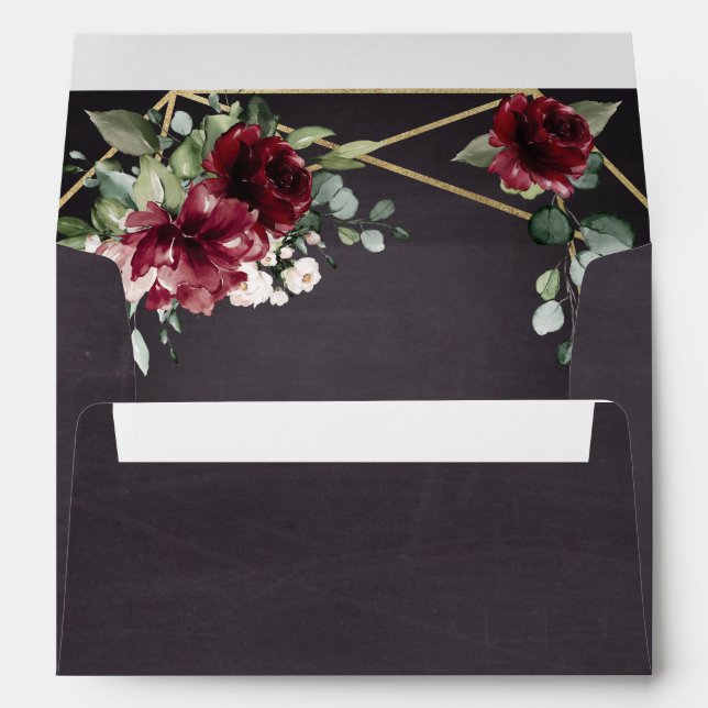 Burgundy Red Black and Gold Floral Elegant Wedding Envelope (Back (Bottom))
