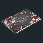 Burgundy Red Black and Gold Floral Elegant Wedding Guest Book<br><div class="desc">Design features a black chalkboard printed texture for the background with a printed gold coloured geometric frame that’s covered in unique elegant greenery that consists of eucalyptus and other leaves/branch elements. Design also features burgundy red rose and peony flowers and other blush pink floral elements for added unique décor.</div>