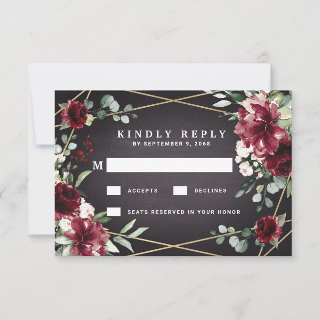 Burgundy Red Black and Gold Floral Elegant Wedding RSVP Card (Front)
