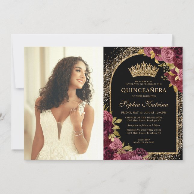 Burgundy Red Black Gold Floral Photo Quinceanera Invitation (Front)