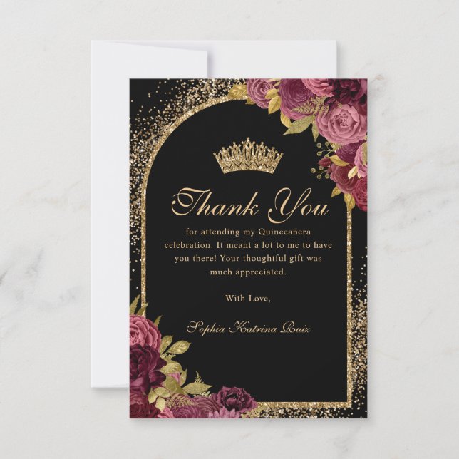Burgundy Red Black Gold Glitter Floral Quinceanera Thank You Card (Front)
