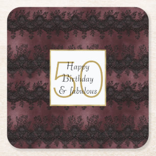 Burgundy Red Black Lace 50 and Fabulous Square Paper Coaster