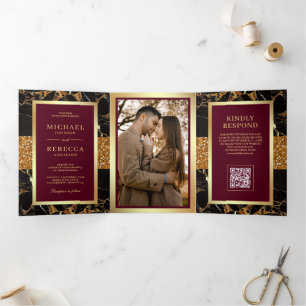 Burgundy Red Black Marble Gold QR Code Wedding Tri-Fold Invitation
