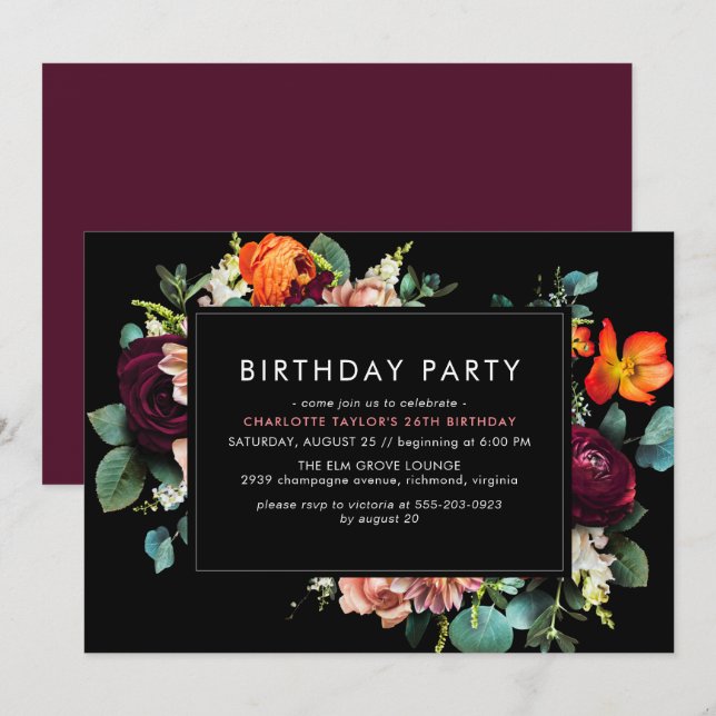 Burgundy Red + Black | Moody Dark Floral Birthday Invitation (Front/Back)