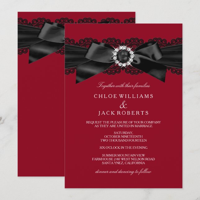 Burgundy Red & Black Pearl Bow Wedding Invite (Front/Back)