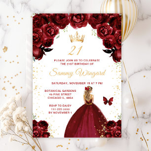 Burgundy Red Blonde Hair Princess Birthday Party Invitation