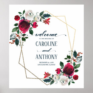 Burgundy Red Bloom Gold Frame Wedding Welcome Sign