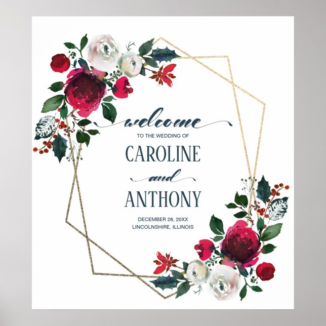 Burgundy Red Bloom Gold Frame Wedding Welcome Sign (Front)