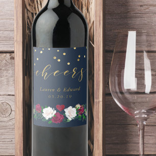 Burgundy Red Blooms Wedding Wine Label
