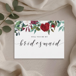 Burgundy Red Blooms Will You Be My Bridesmaid Invitation Postcard