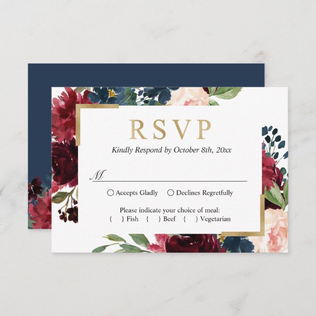 Burgundy Red Blue Blush Floral Wedding RSVP Card (Front/Back)