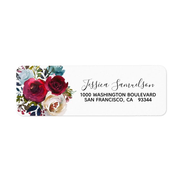 BURGUNDY Red Blue Floral Flowers Return Address (Front)