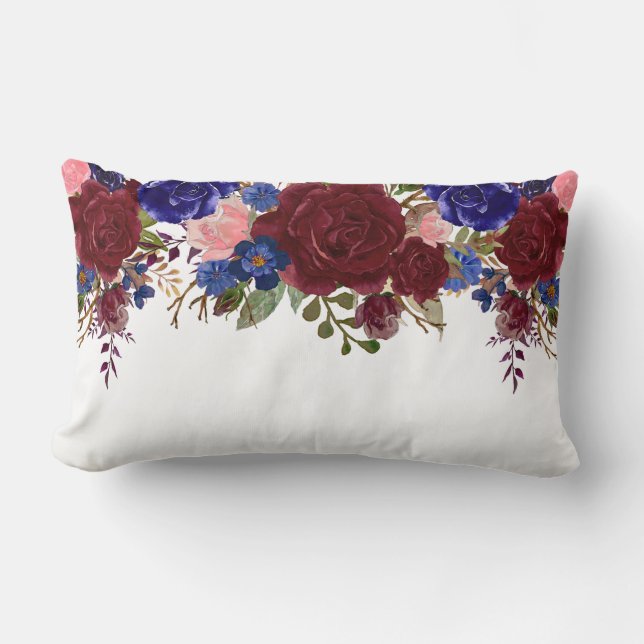 Burgundy Red Blue Navy Rose Flower Waterfall Drop Lumbar Cushion (Front)