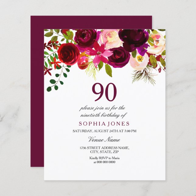 Burgundy Red Blush 90th Birthday Budget Invitation (Front/Back)
