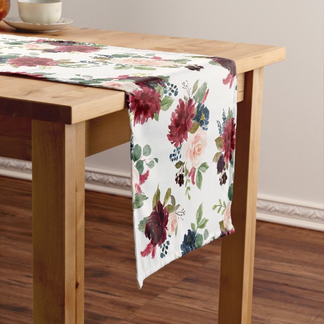 Burgundy Red Blush Blue Floral Short Table Runner (In Situ)