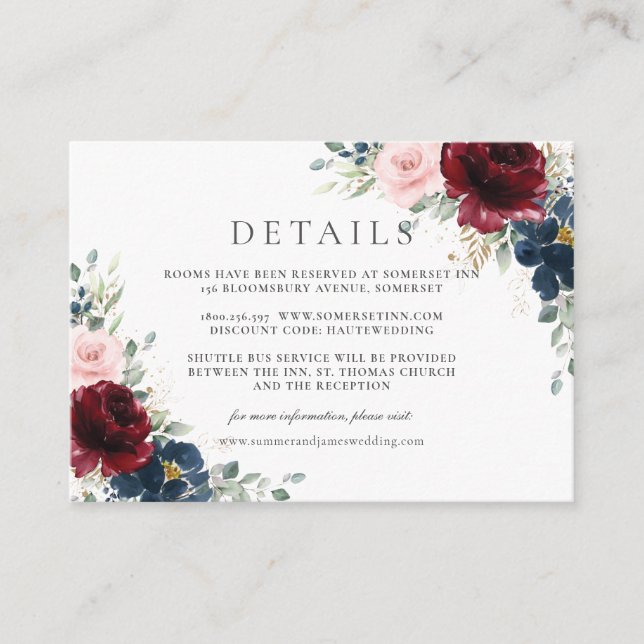 Burgundy Red Blush Blue Floral Wedding Details    Enclosure Card (Front)