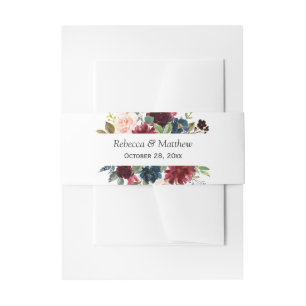 Burgundy Red Blush Blue Floral Wedding Invitation Belly Band