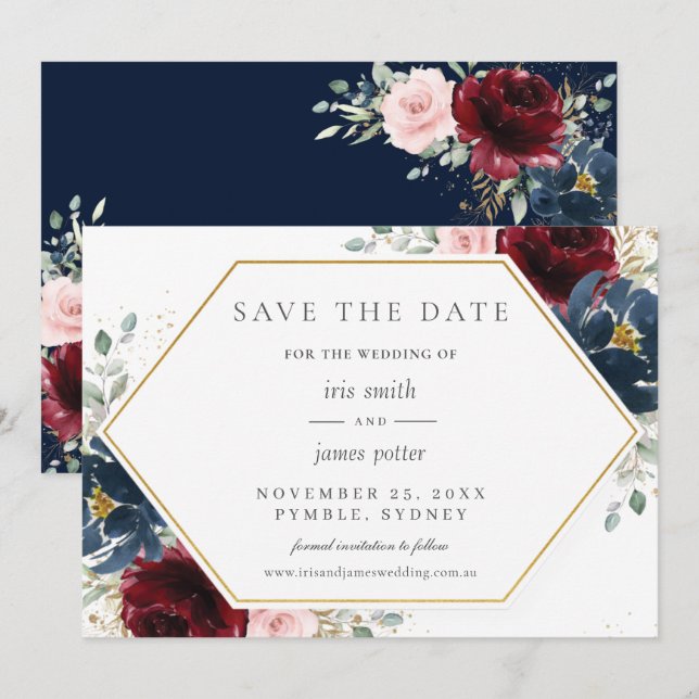 Burgundy Red Blush Blue Floral Wedding  Save The Date (Front/Back)