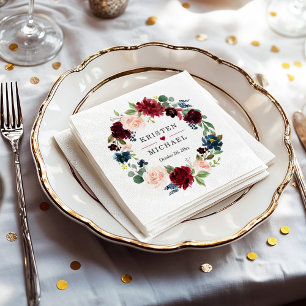 Burgundy Red Blush Blue Floral Wreath Wedding Napkin